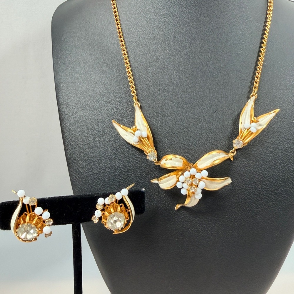 Vintage Austria Necklace Earring Set Gold Tone White Enamel Glass Rhinestone